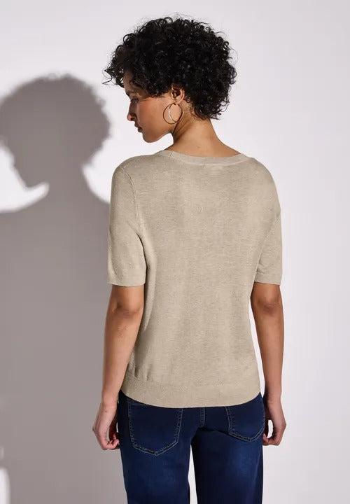 Kortärmad stickad tröja, beige melange