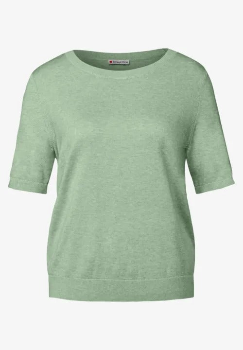 Kortärmad stickad tröja, milky green melange