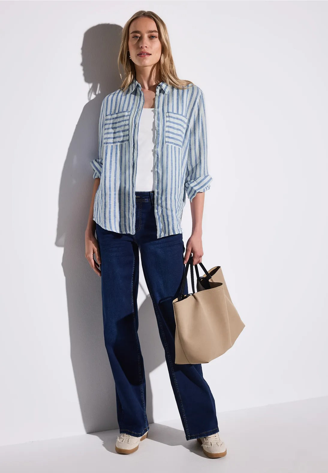 Randig skjortblus 100% linne, serenity blue