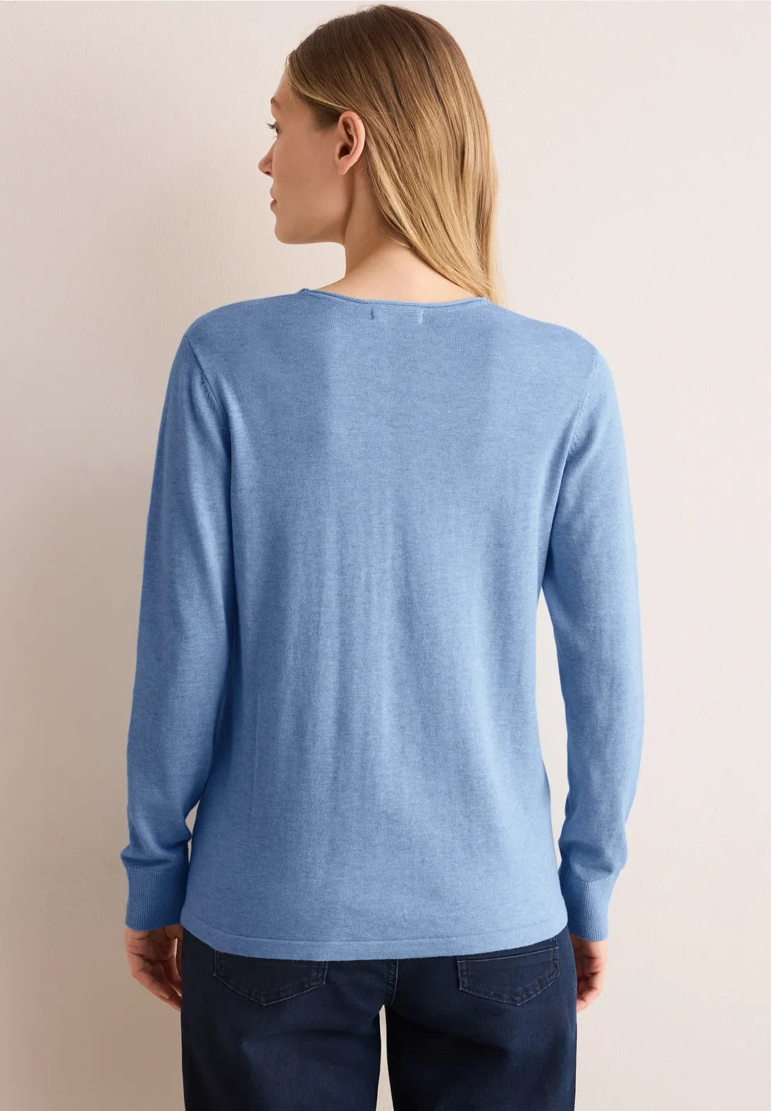 V-ringad finstickad tröja bomull/viskos Light blue melange
