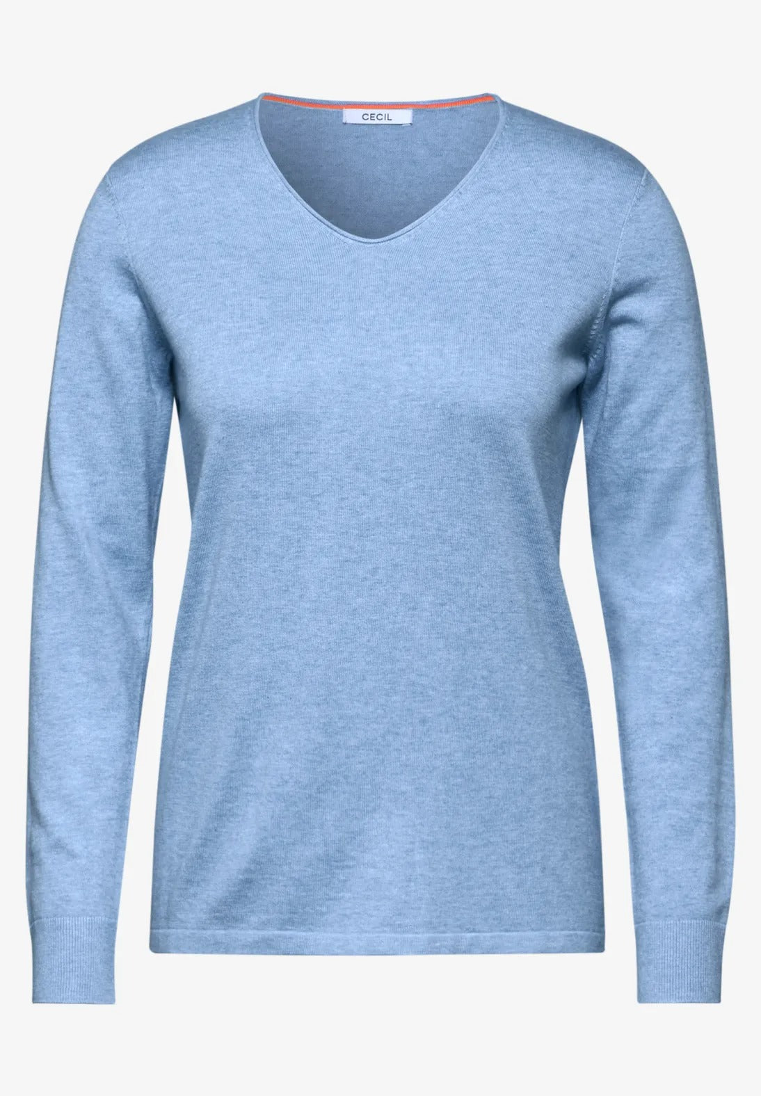 V-ringad finstickad tröja bomull/viskos Light blue melange
