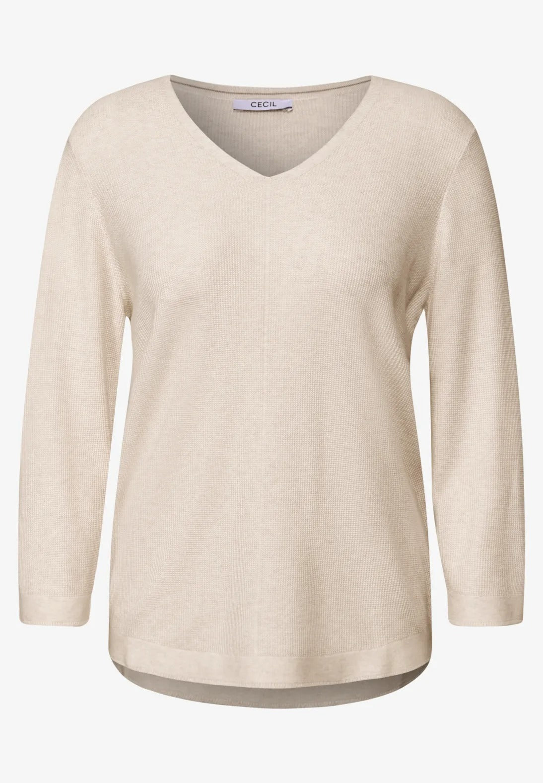 V-ringad stickad tröja, beige melange