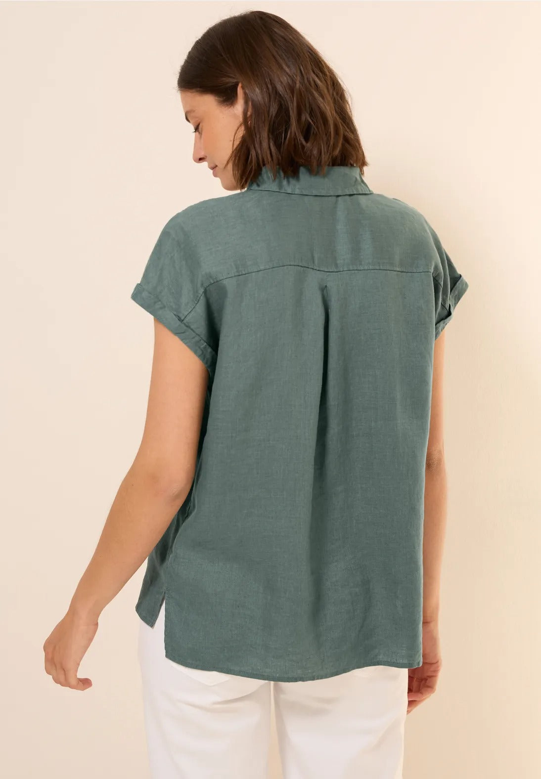 Kortärmad linneblus, 100% linne , khaki green