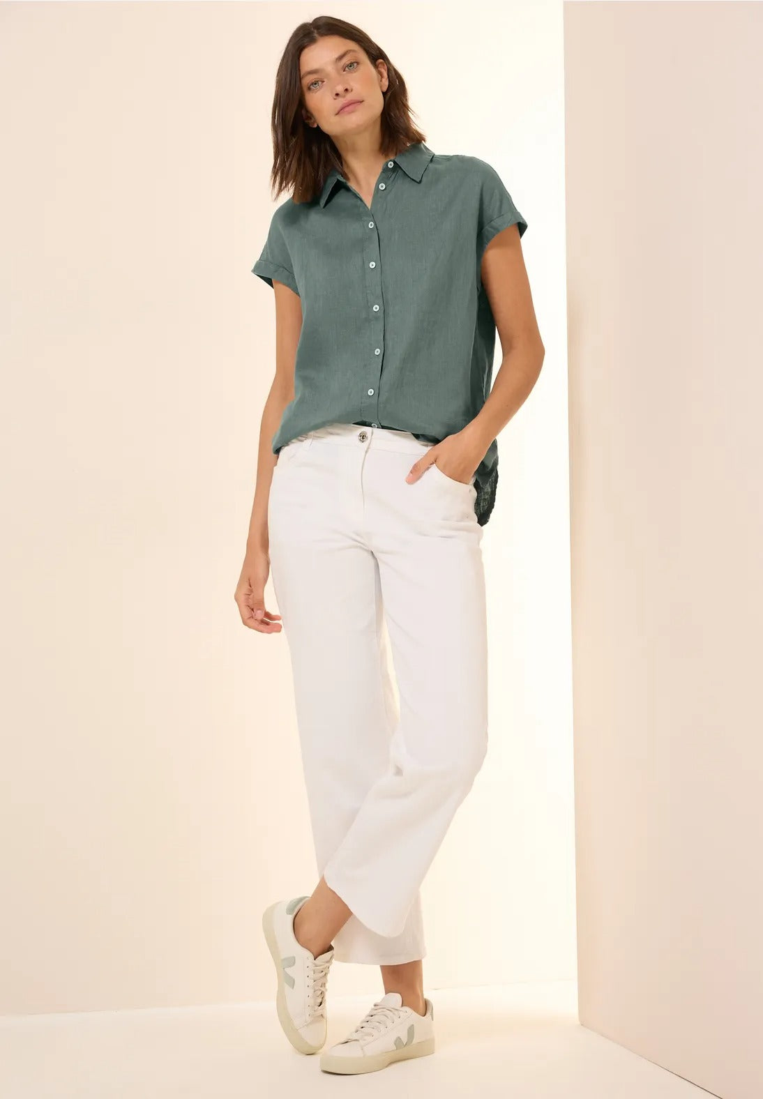 Kortärmad linneblus, 100% linne , khaki green