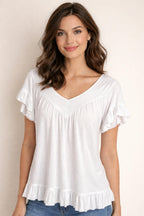 Trikåtopp med volang, vit- Caramell