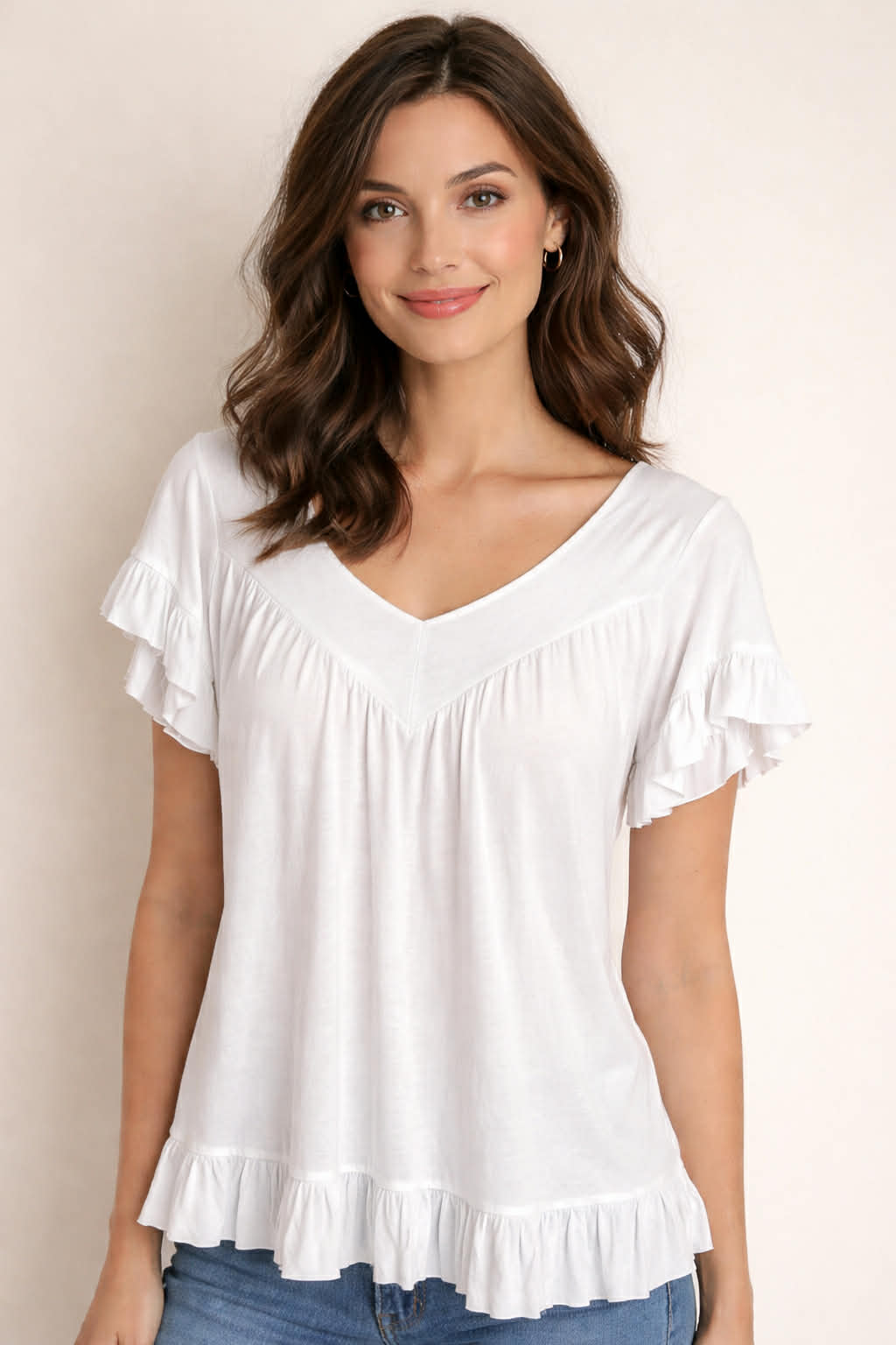 Trikåtopp med volang, vit- Caramell