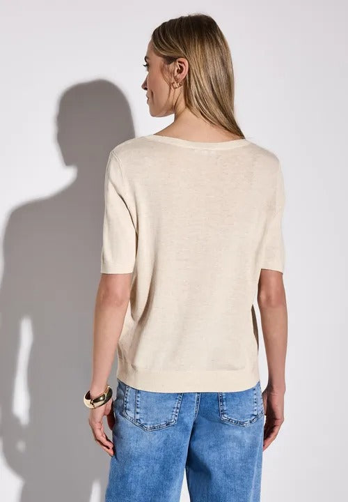 Kortärmad stickad tröja, cream white melange