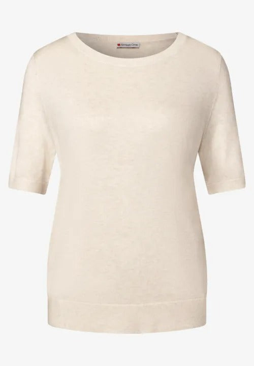 Kortärmad stickad tröja, cream white melange