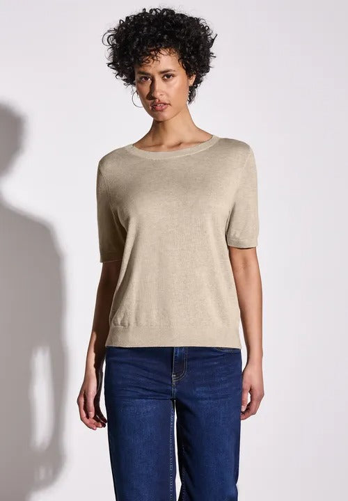 Kortärmad stickad tröja, beige melange