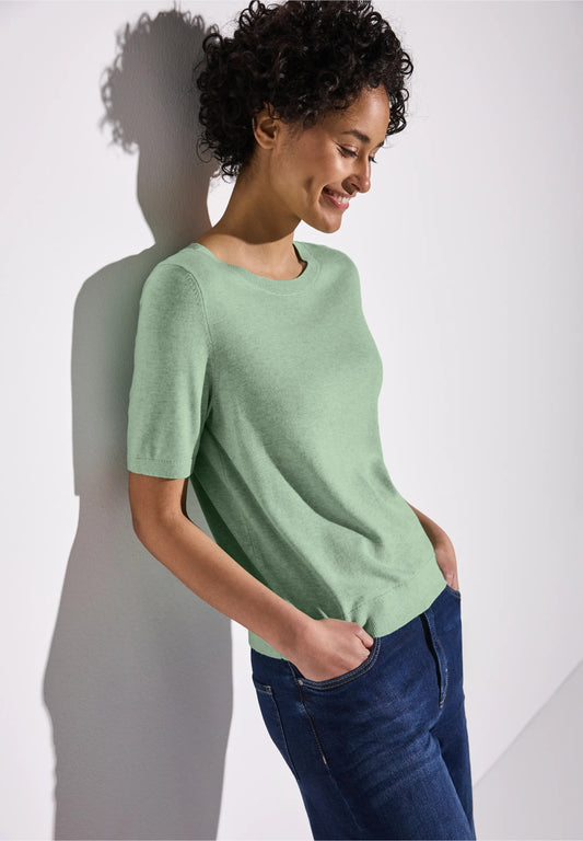 Kortärmad stickad tröja, milky green melange