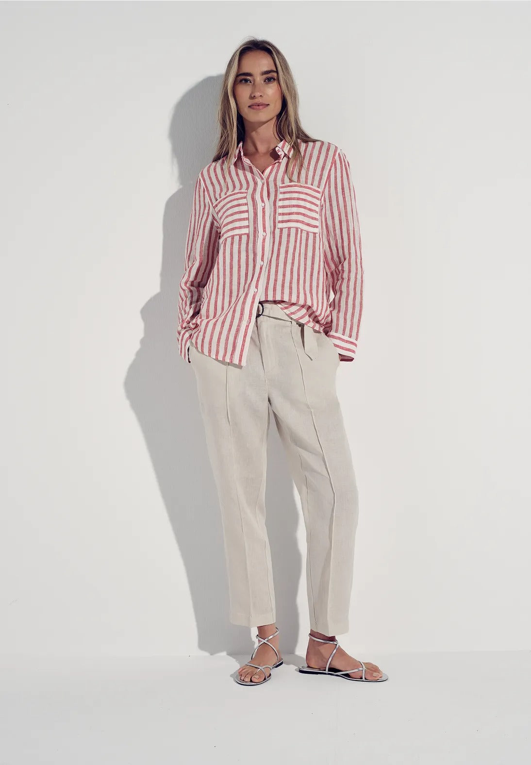 Randig skjortblus 100% linne, glory red