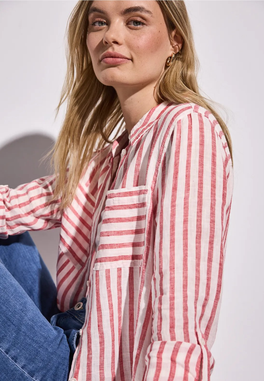 Randig skjortblus 100% linne, glory red