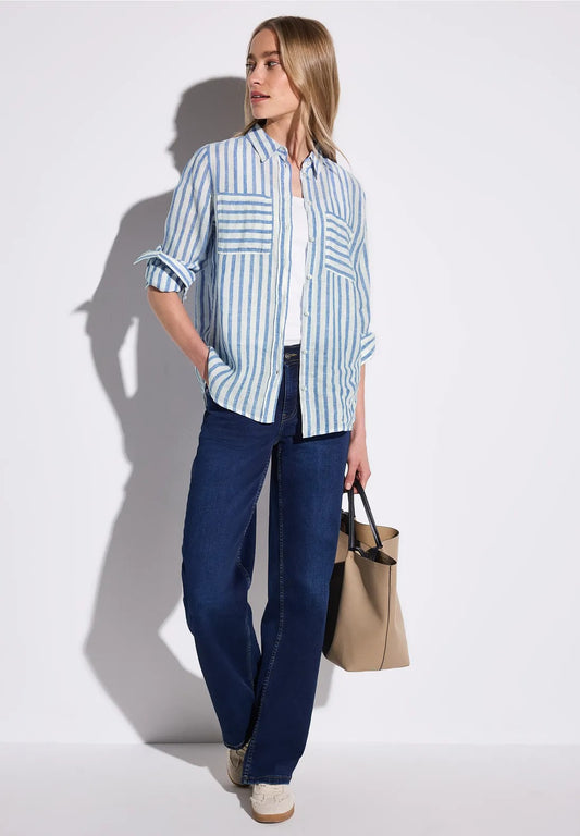 Randig skjortblus 100% linne, serenity blue