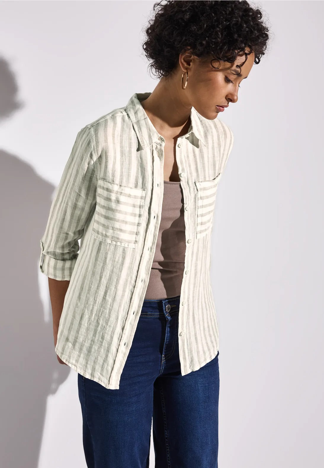 Randig skjortblus 100% linne, sand