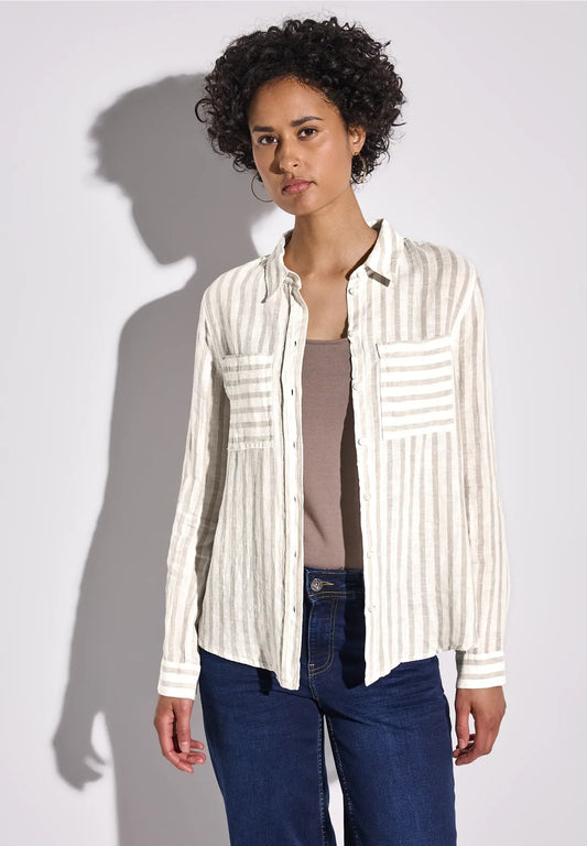 Randig skjortblus 100% linne, sand