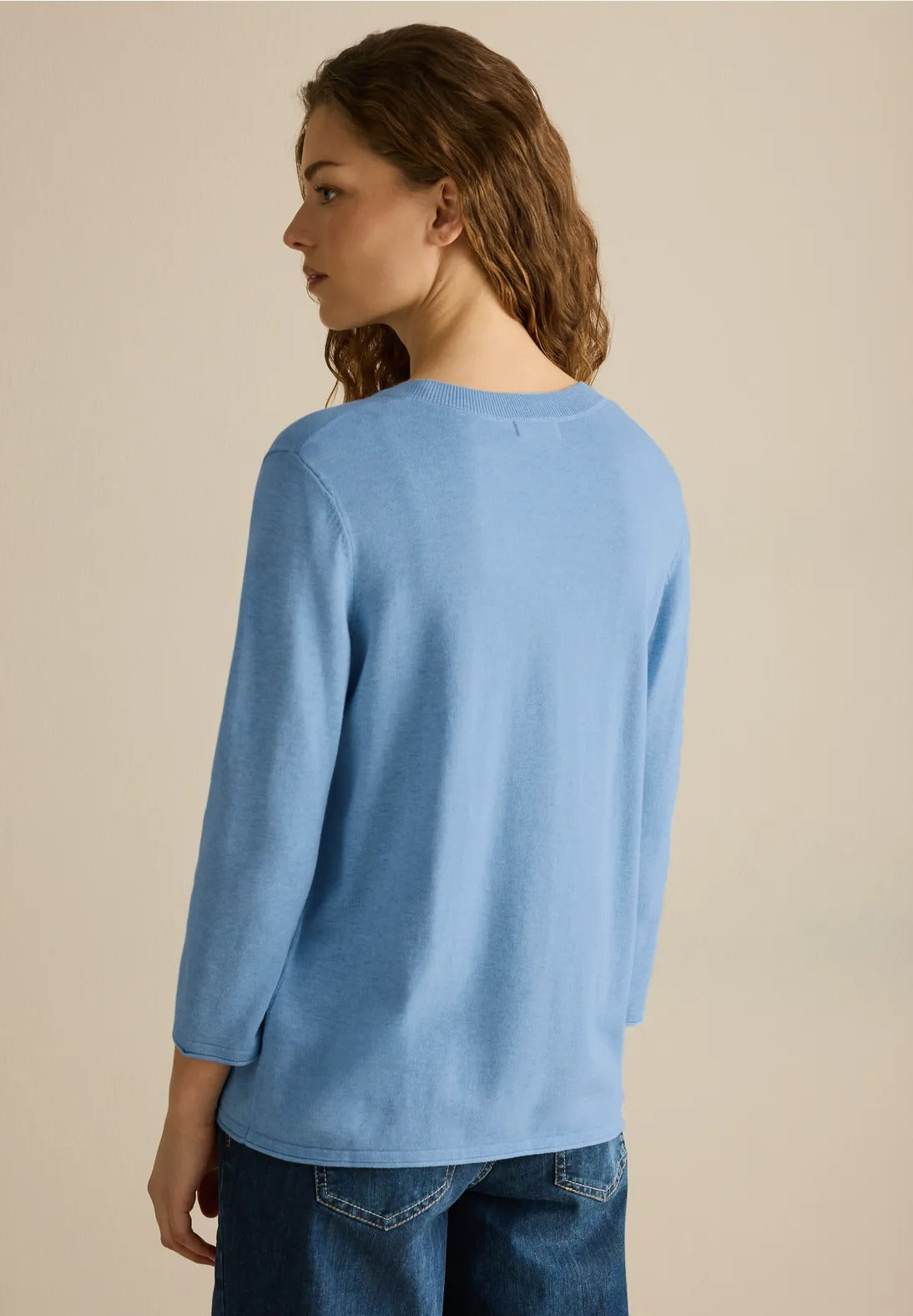 V-ringad stickad tröja med 3/4 ärm, light blue melange