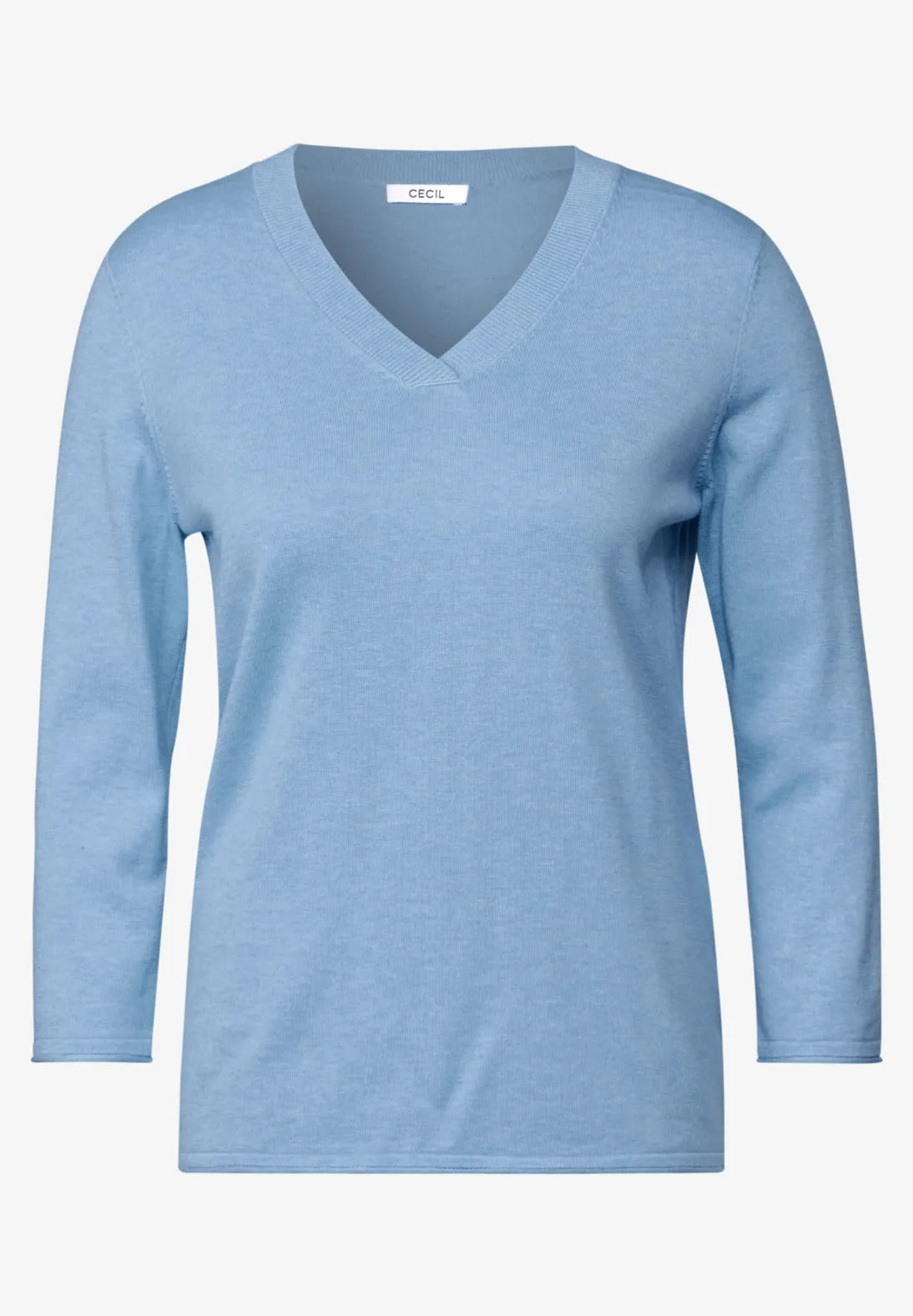 V-ringad stickad tröja med 3/4 ärm, light blue melange