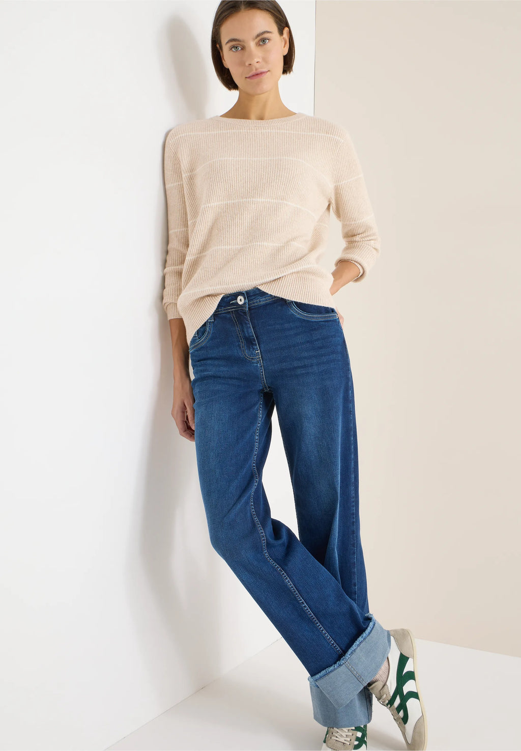 Randig tröja med ribbad struktur, beige melange