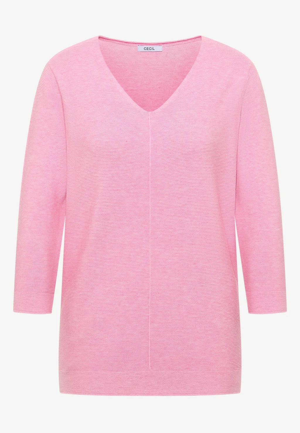 V-ringad tunnstickad tröja med 3/4 ärm från Cecil, flamingo rosa