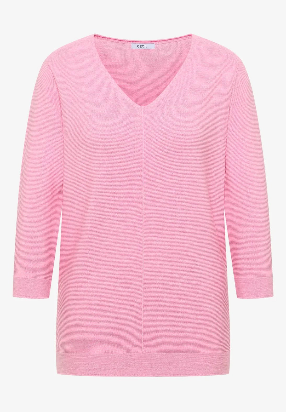 V-ringad tunnstickad tröja med 3/4 ärm från Cecil, flamingo rosa