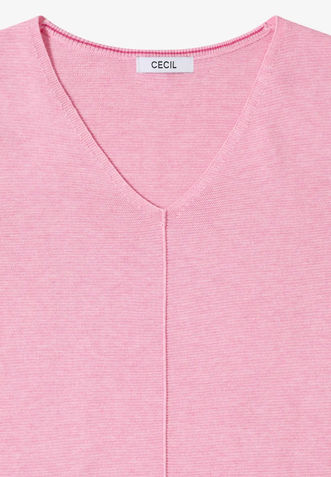 V-ringad tunnstickad tröja med 3/4 ärm från Cecil, flamingo rosa