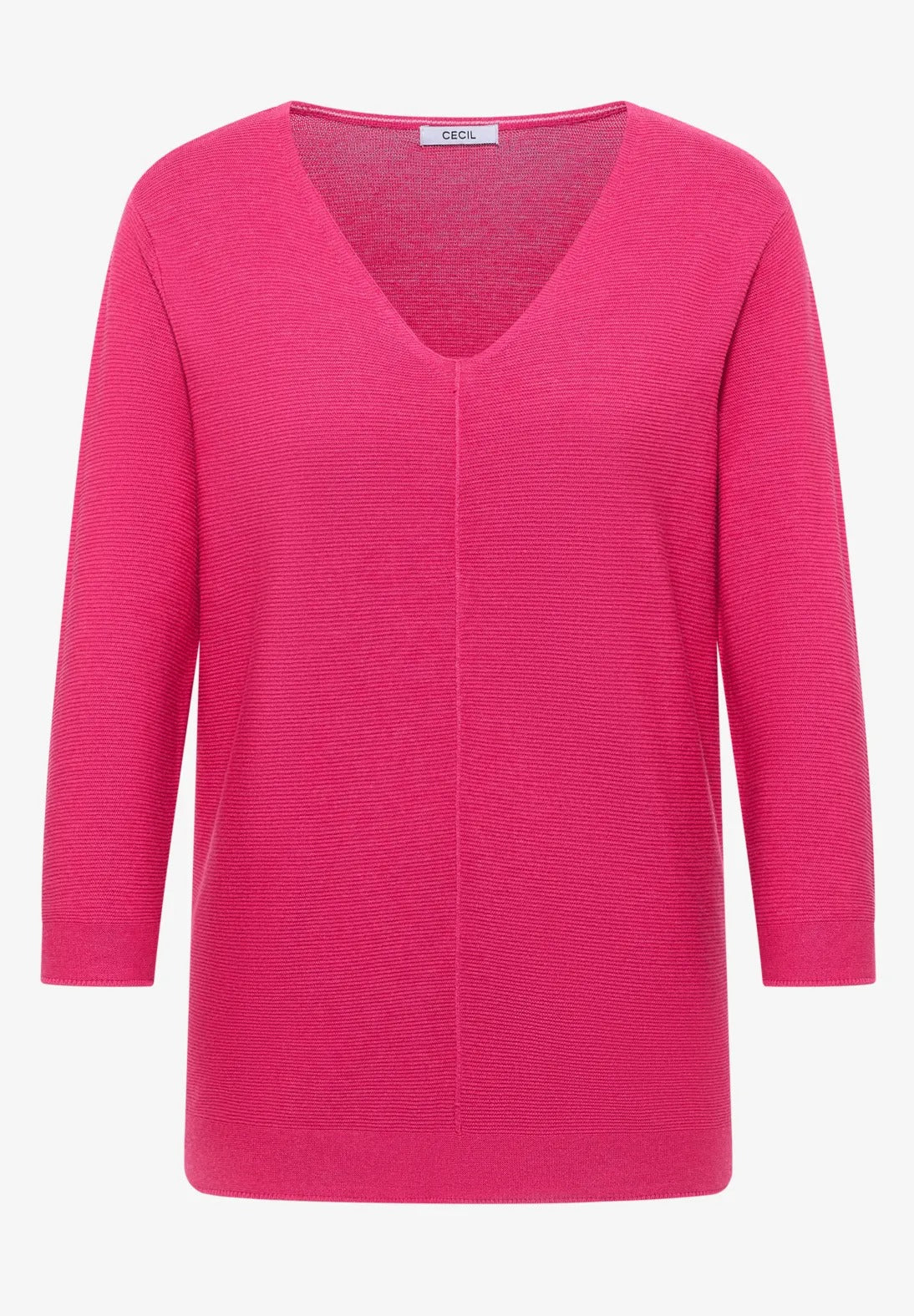 V-ringad tunnstickad tröja med 3/4 ärm från Cecil, cerise rosa