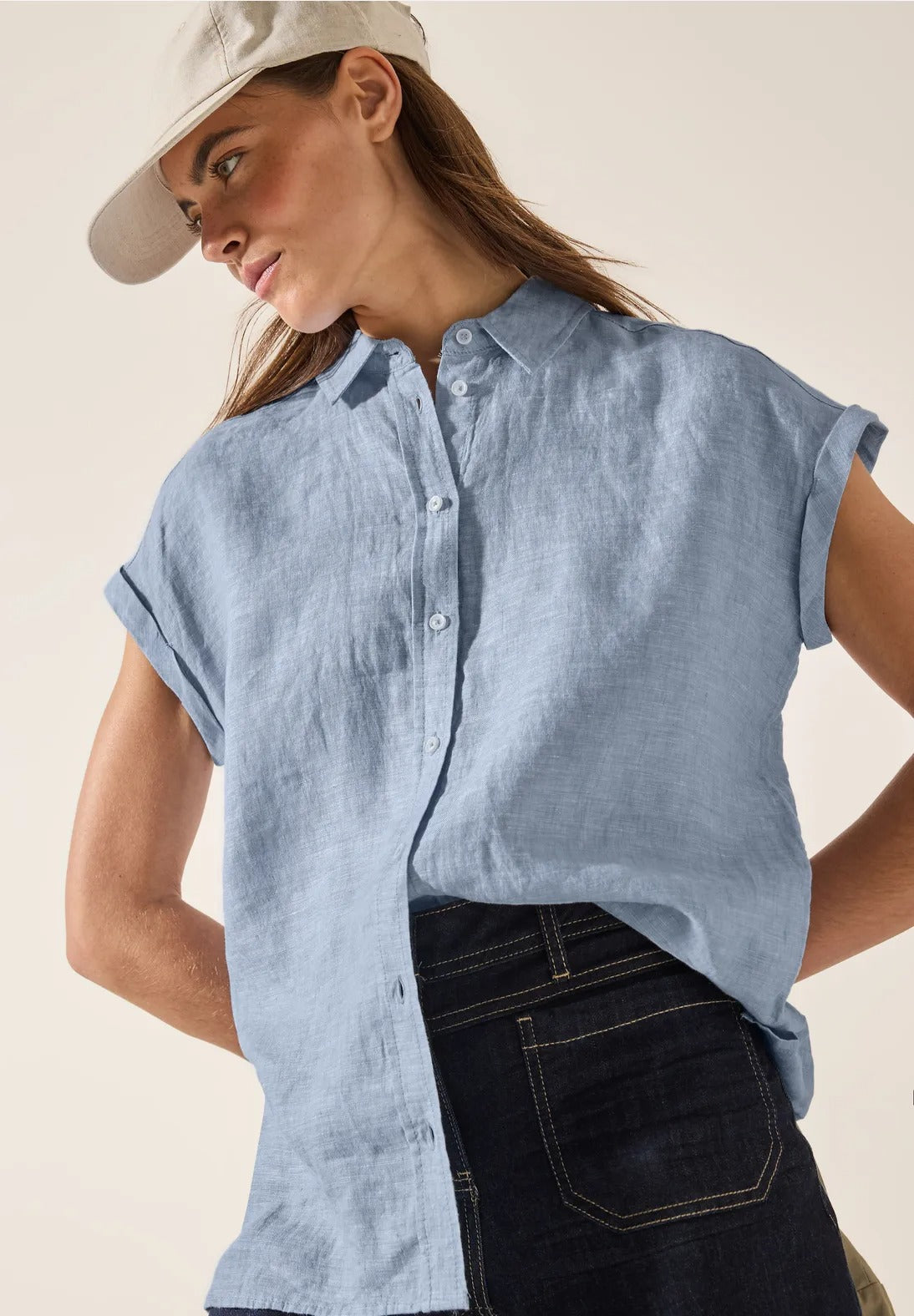 Chambray blus i Linne, blå