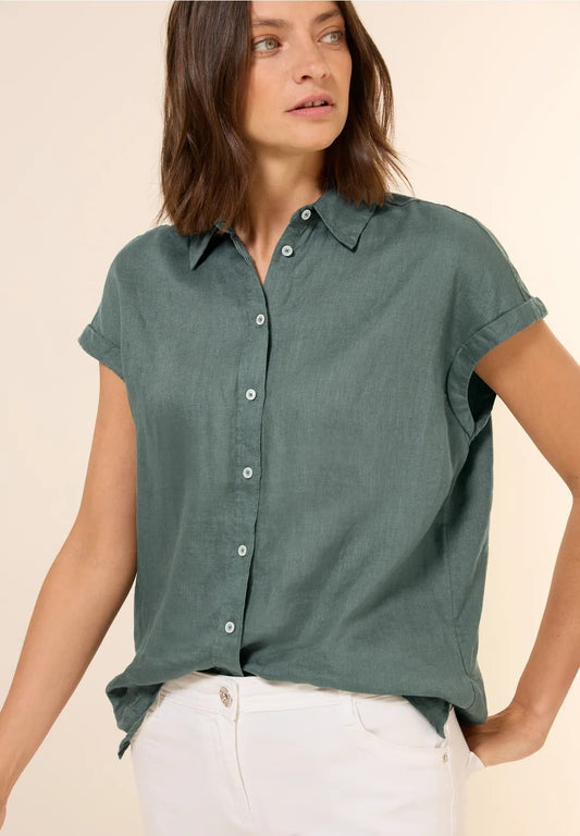 Kortärmad linneblus, 100% linne ,  khaki green
