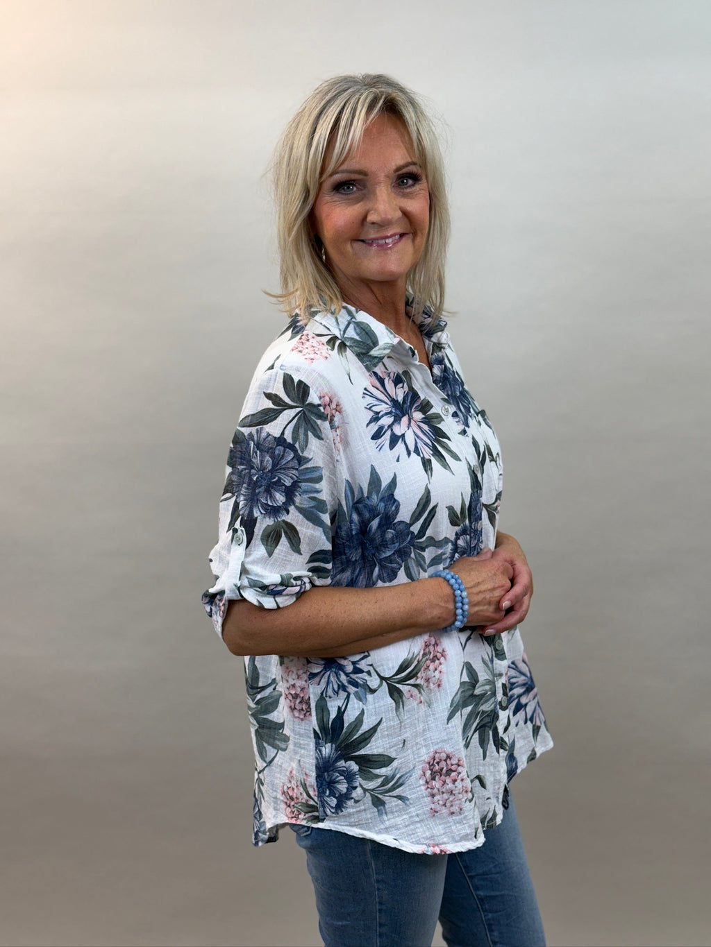 Mönstrad blus Kelly i bomull, vit Linnelook