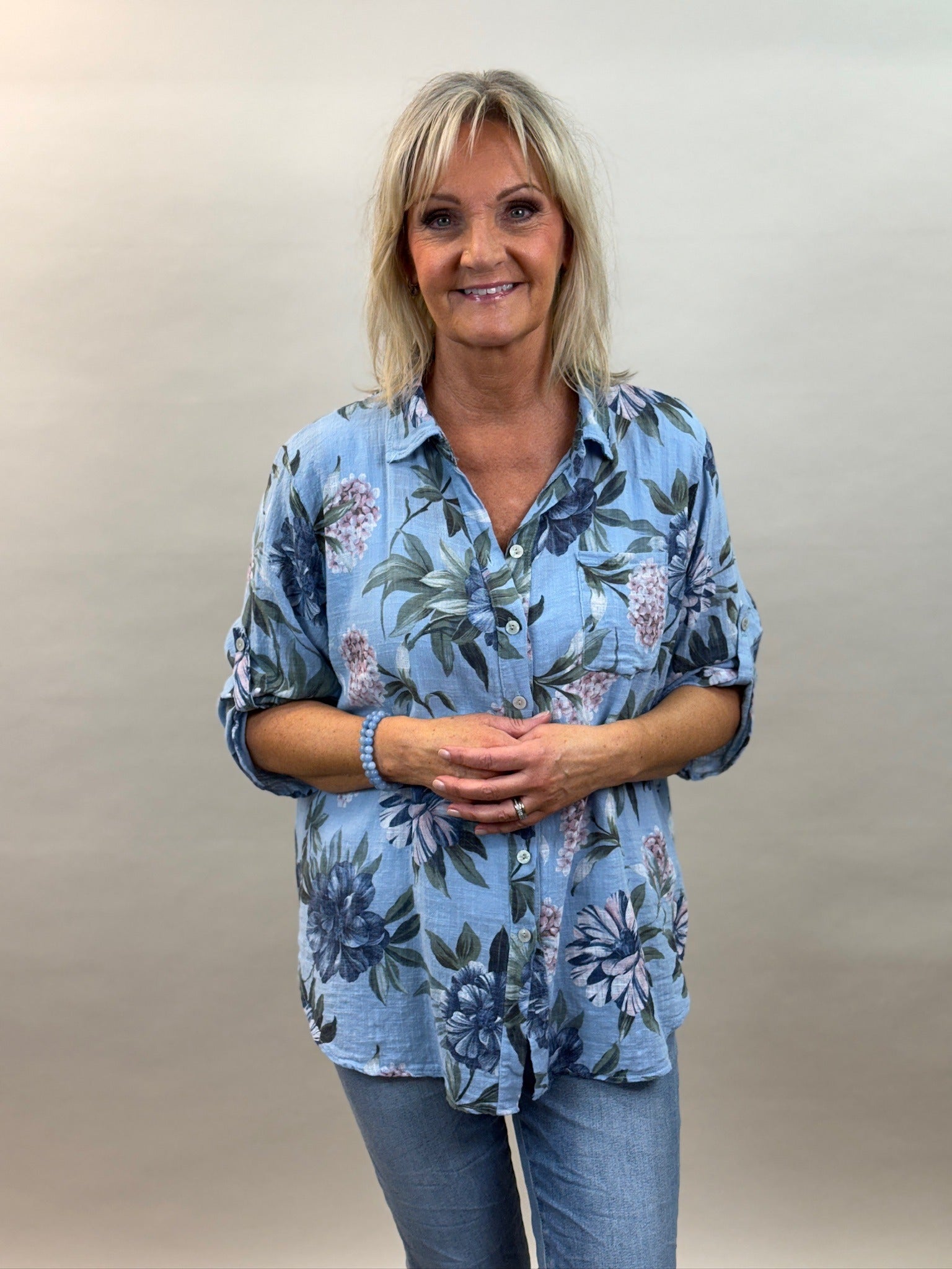 Mönstrad blus Kelly i bomull, blå Linnelook