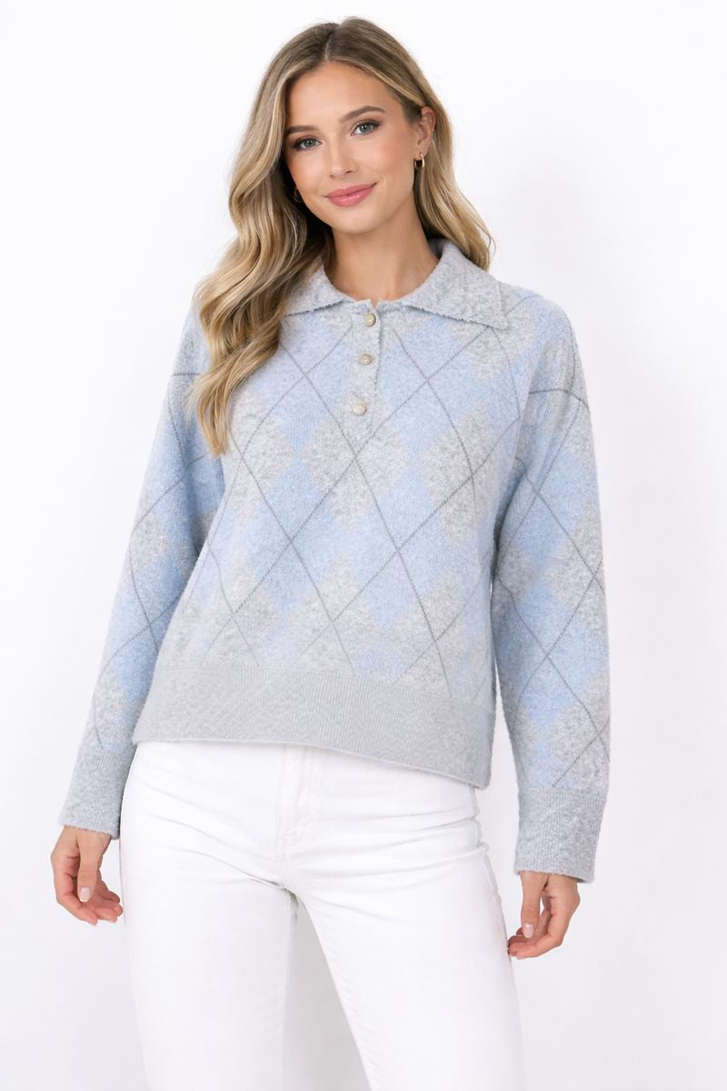 Stickad tröja med Argylemönstrer från Caramelle , ljusblå
