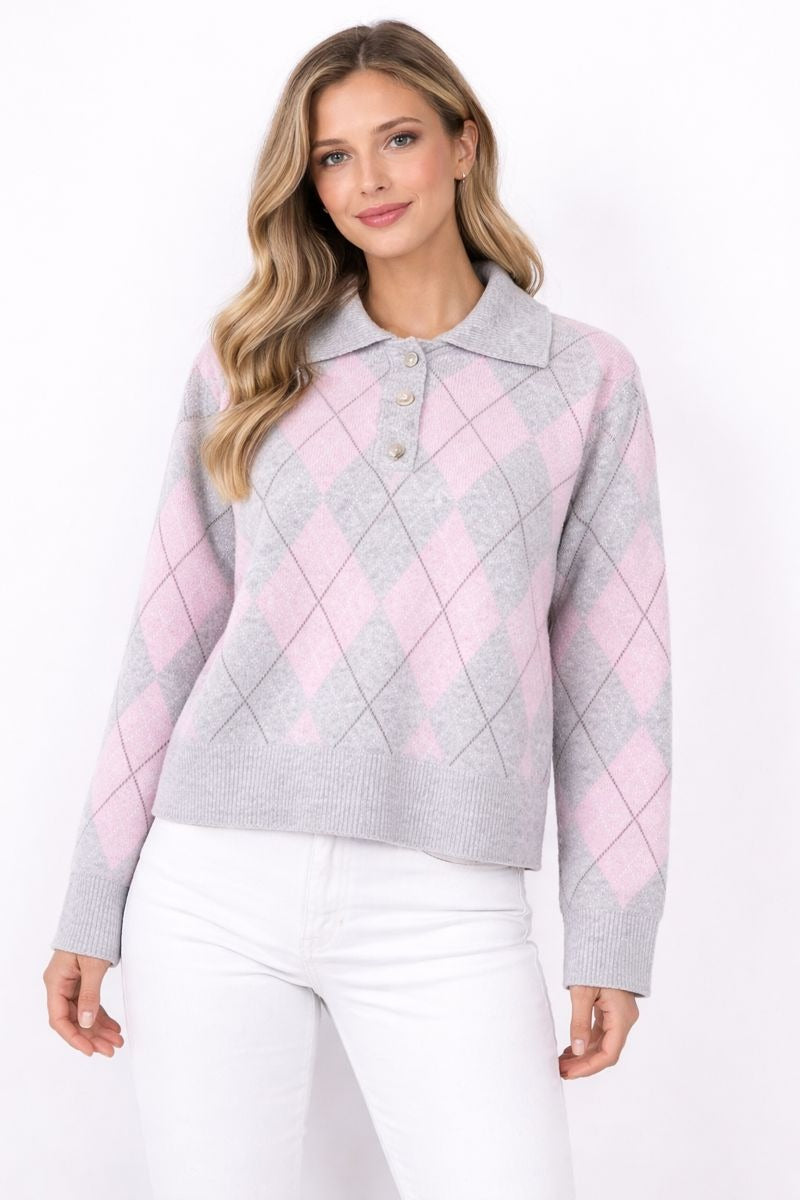 Stickad tröja med Argylemönstrer från Caramelle , rosa