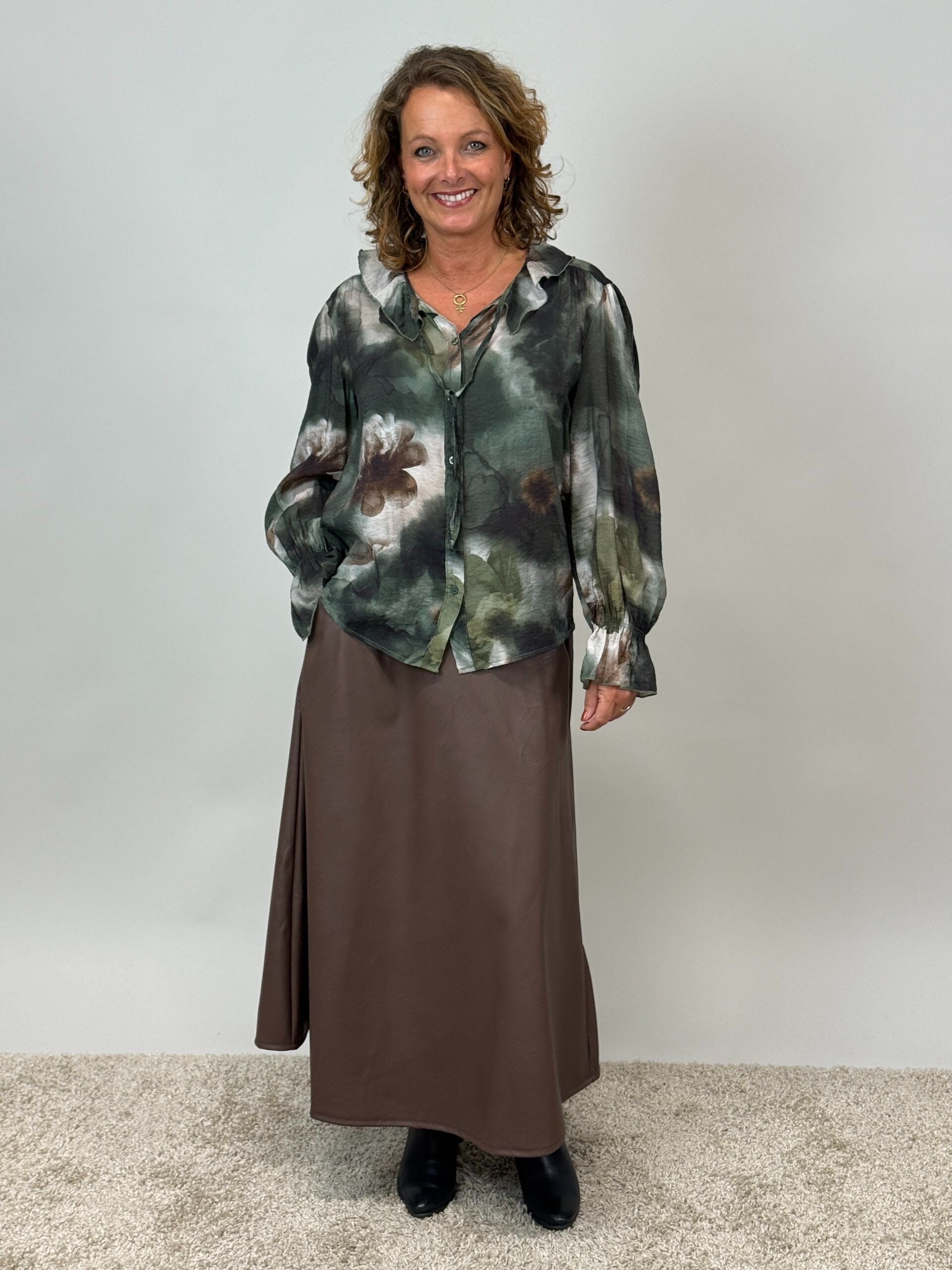 Mönstrad blus Adriana med rynk i halsen, petrol, Mixbyheart