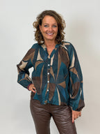 Mönstrad blus Adriana med rynk i halsen, petrol, Mixbyheart