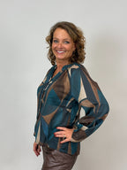 Mönstrad blus Adriana med rynk i halsen, petrol, Mixbyheart