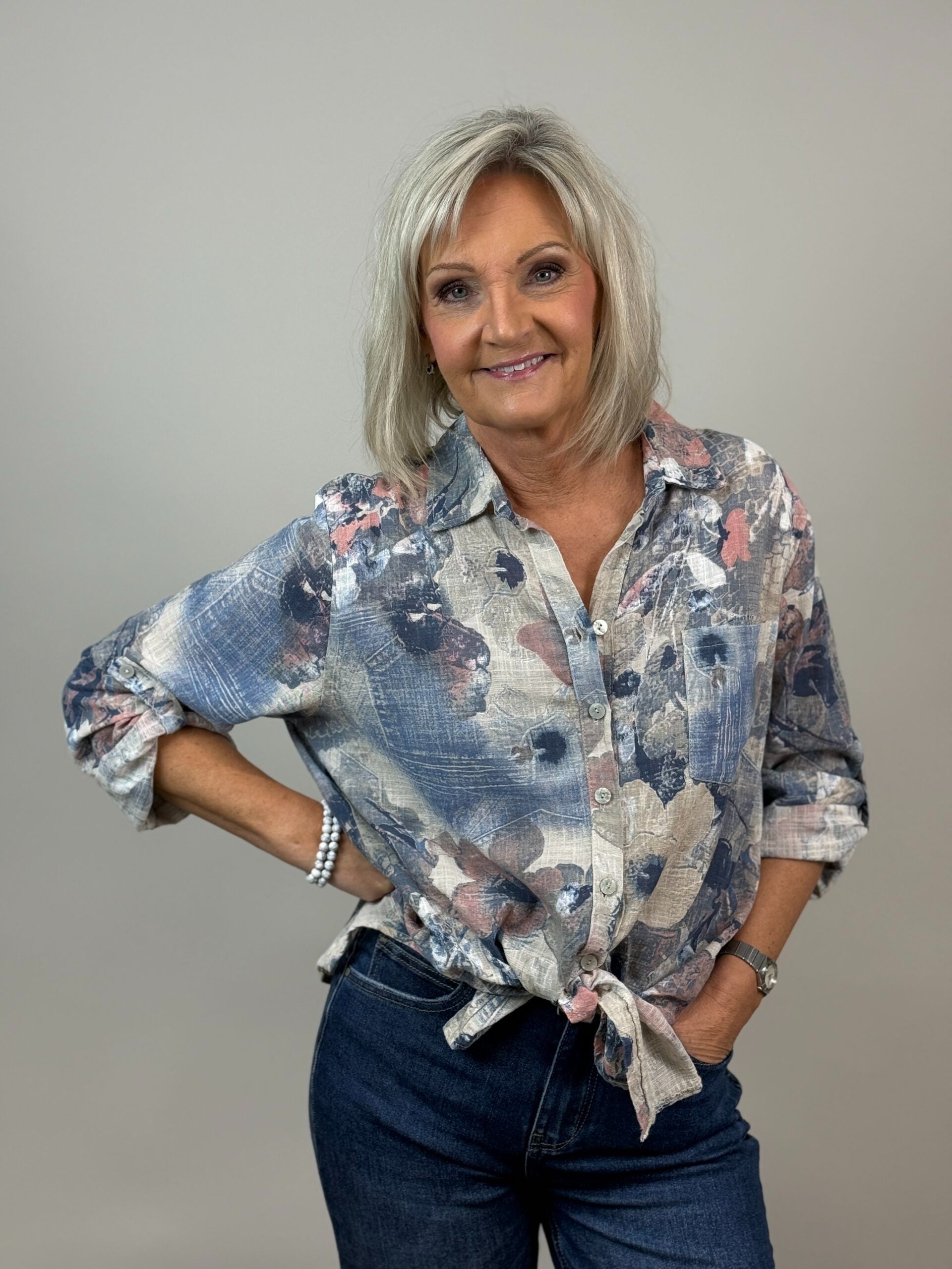 Mönstrad blus Kelly i bomull, beige linne-look