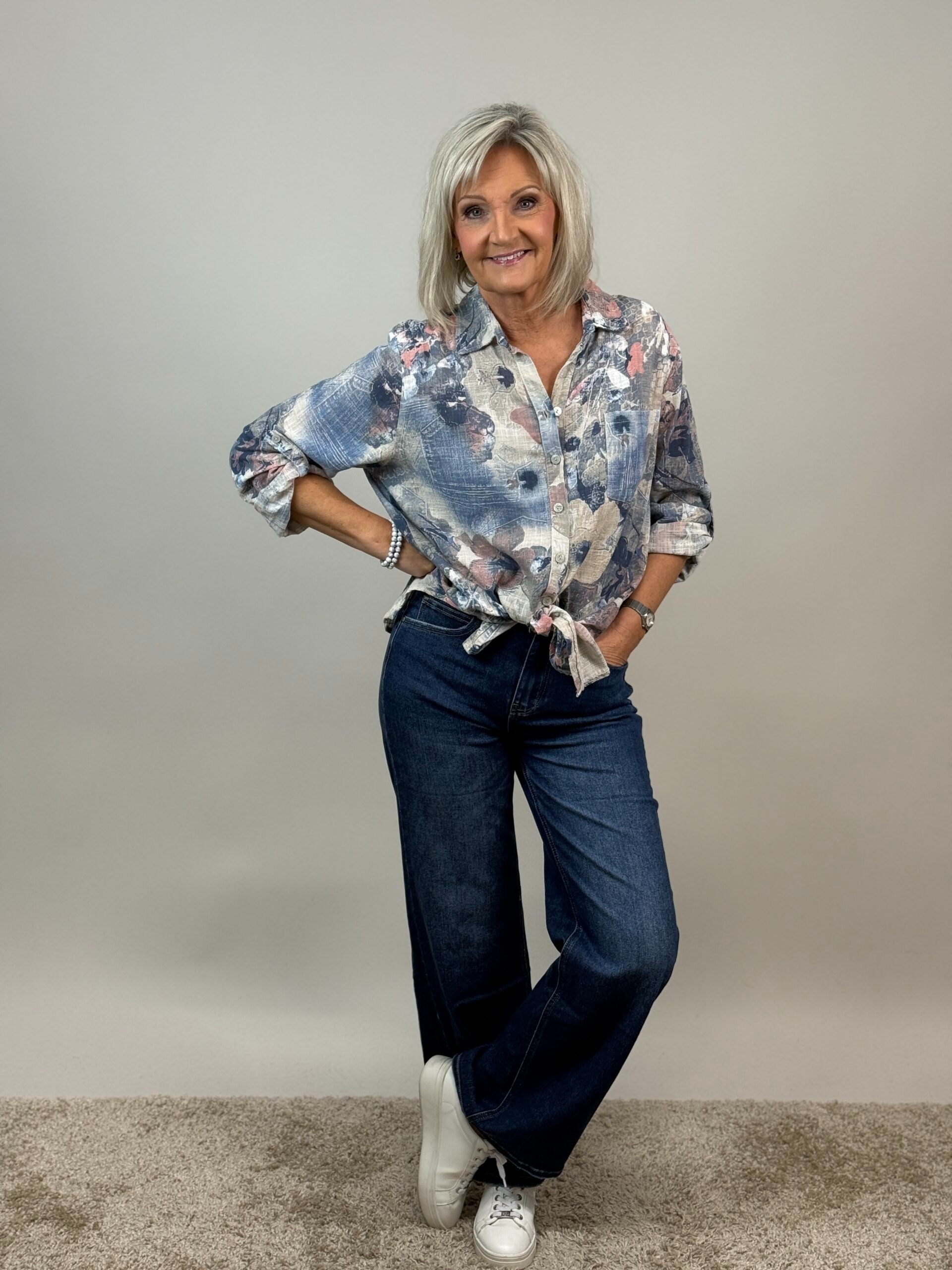 Mönstrad blus Kelly i bomull, beige linne-look