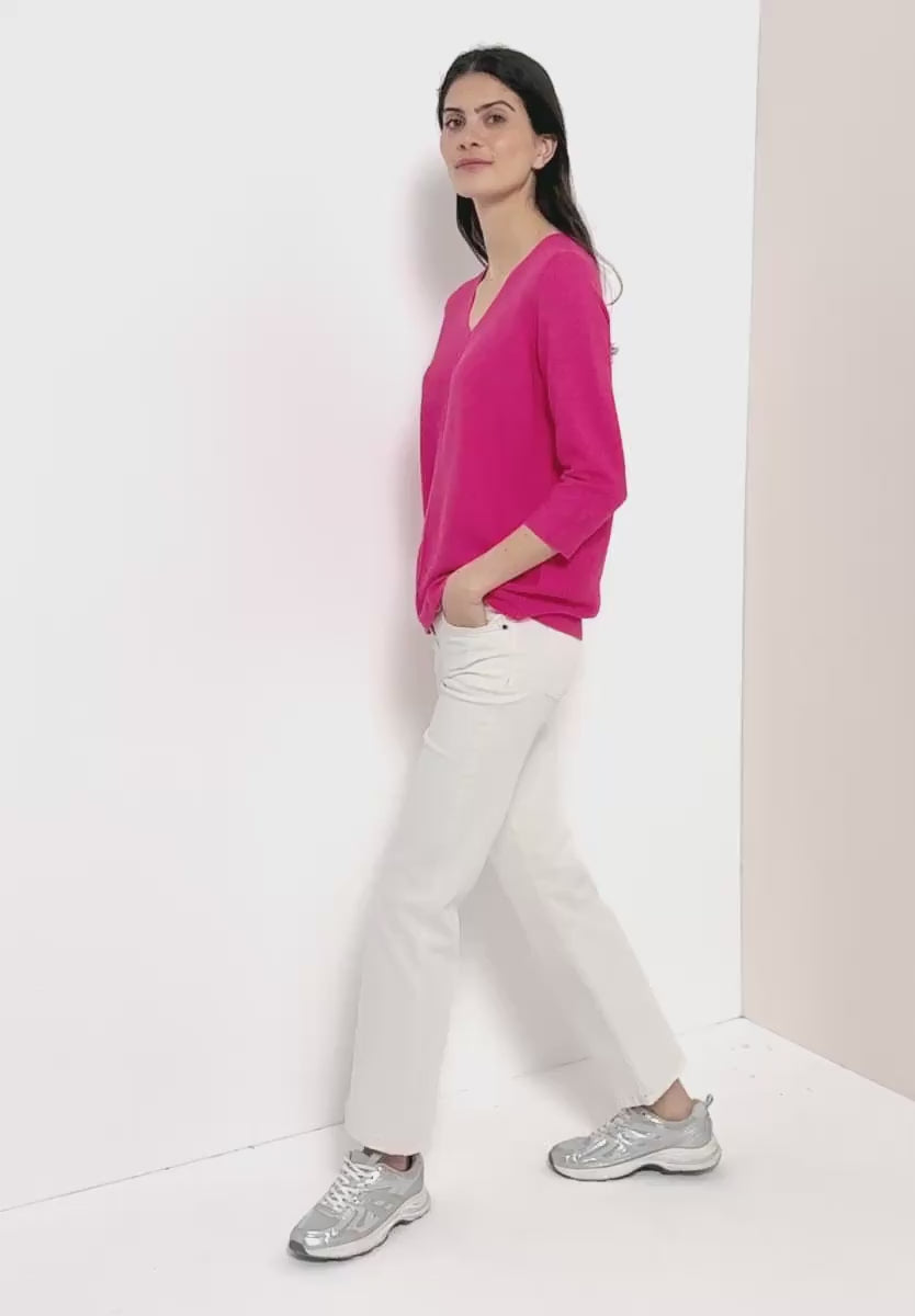 V-ringad tunnstickad tröja med 3/4 ärm från Cecil, cerise rosa