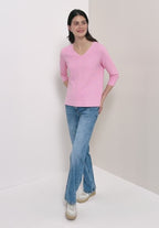 V-ringad tunnstickad tröja med 3/4 ärm från Cecil, flamingo rosa