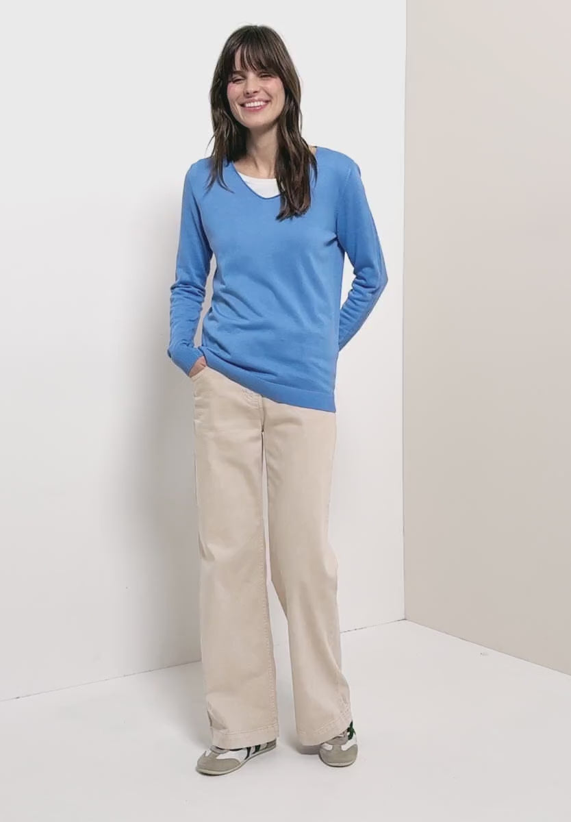 V-ringad tunnstickad tröja från Cecil, fontän blå